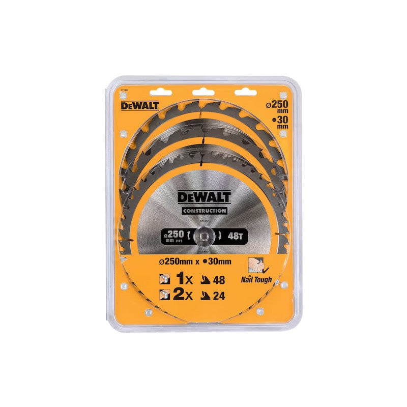 Coffret plastique de 3 lames Ø250mm DEWALT DT1963-QZ Carbure Construction pour scie circulaire stationnaires : DT1952x2, DT1959
