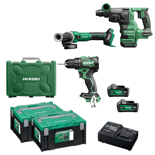 Pack 3 outils HKI Perceuse + perforateur + meuleuse 18V Brushless KCRT04 (DS18DE + DH1826DA + G1813DVE + 2 batteries 5 Ah + chargeur)