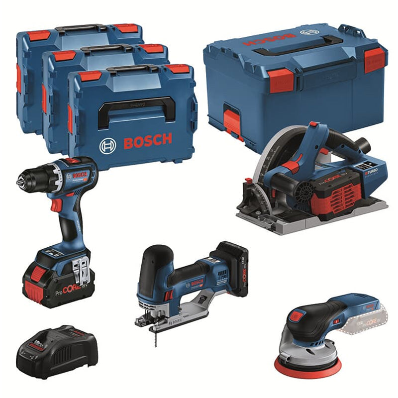 Pack 4 outils 18V BSH  : GSR 18V-90C + GKT 18V-52GC + GST 18V-155 SC+ GEX 18V-125 + 1 batterie 4,0 Ah (ProCORE) + 2 batteries 5,5 Ah (ProCORE) + GAL 1880CV (L)