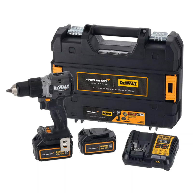 Perceuse Visseuse Percussion XR 18V Brushless Dewalt DCD85MP2T-QW Édition Limitée McLaren Livrée Avec 2 Batteries 5Ah Li-Ion, 1 Chargeur en Coffret TSTAK