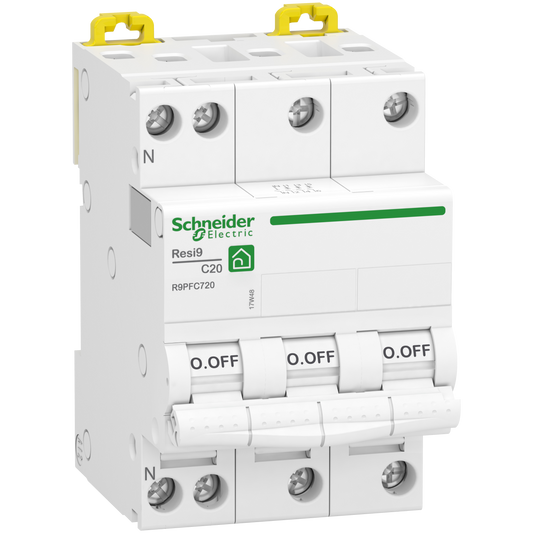 Disjoncteur tétrapolaire SCHNEIDER R9PFC720 20A courbe C 3kA 400V+D34 Resi9 XP